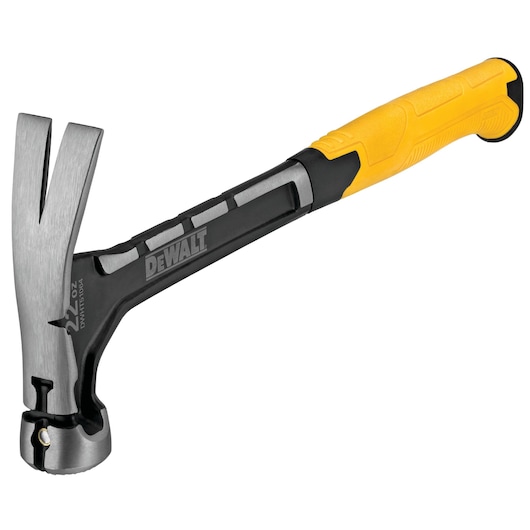DEWALT claw hammer with yellow and black handle, metal head, for construction and woodworking.