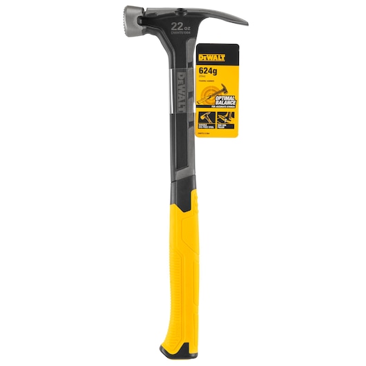 DEWALT framing hammer with yellow and black handle, marked 22 oz and 624 g, with product label attached.