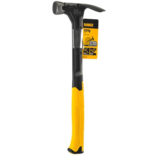 DEWALT 22oz claw hammer with yellow handle and product label attached, model DWHT0-51064.