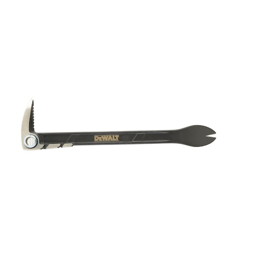 DEWALT black pry bar tool with forked and angled head for demolition or nail removal.