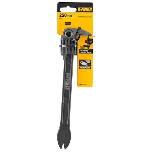 DEWALT 250mm precision claw bar in packaging, used for prying and pulling nails.