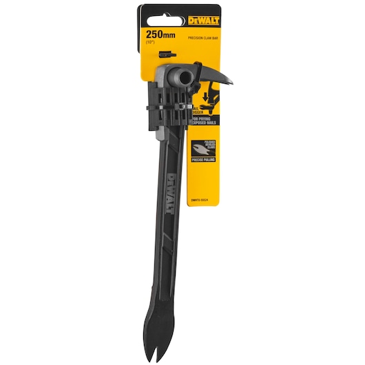 DEWALT 250mm precision claw bar in black, shown in retail packaging with yellow label.