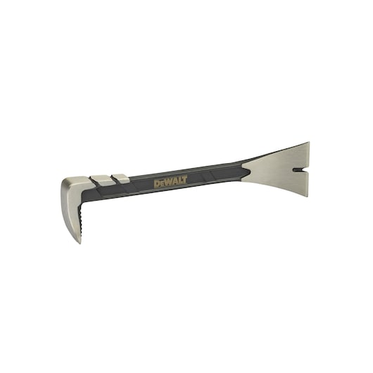 DEWALT utility bar with black handle and dual metal ends for prying or nail pulling.