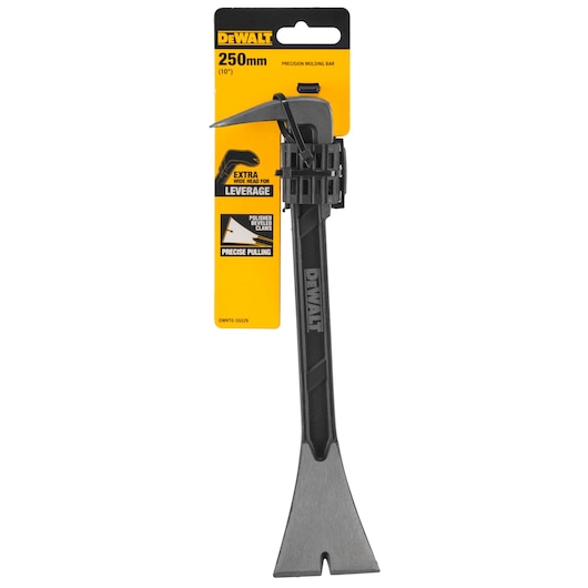 DEWALT 250mm precision molding bar in packaging, featuring extra wide head and beveled claws for leverage.
