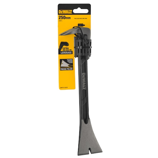 DEWALT 250mm precision molding bar in packaging, black metal tool with wide head for leverage.
