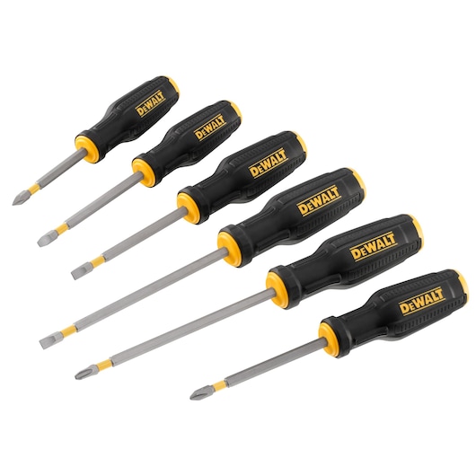 Six DEWALT screwdrivers with black and yellow handles, shown in different sizes and types on a white background.