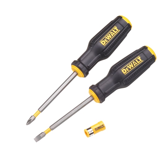 Two DEWALT screwdrivers with black and yellow handles, plus a small yellow accessory, on a white background.