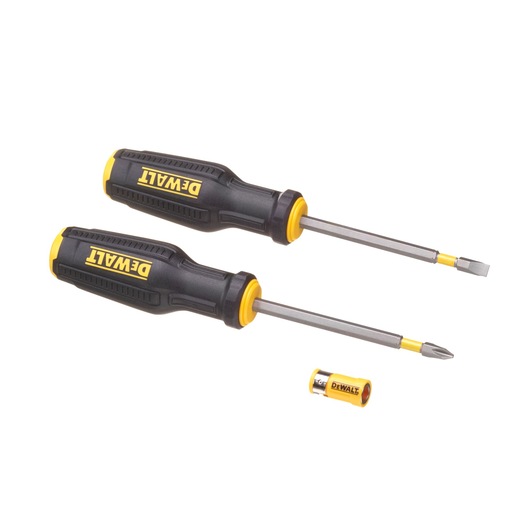 Two DEWALT screwdrivers and a socket, with yellow and black handles, placed against a white background.