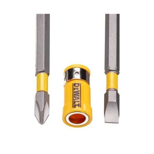 DEWALT screwdriver bit set with yellow holder, includes flat and Phillips bits.