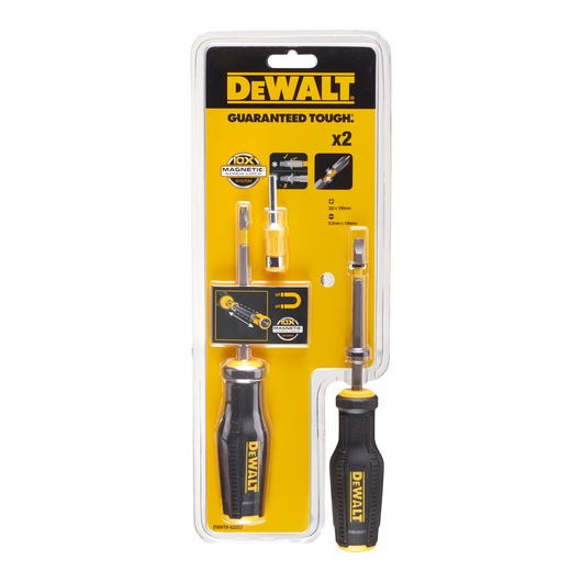 DEWALT DWHT0-62057 magnetic screwdriver set, two pieces in yellow and black packaging.
