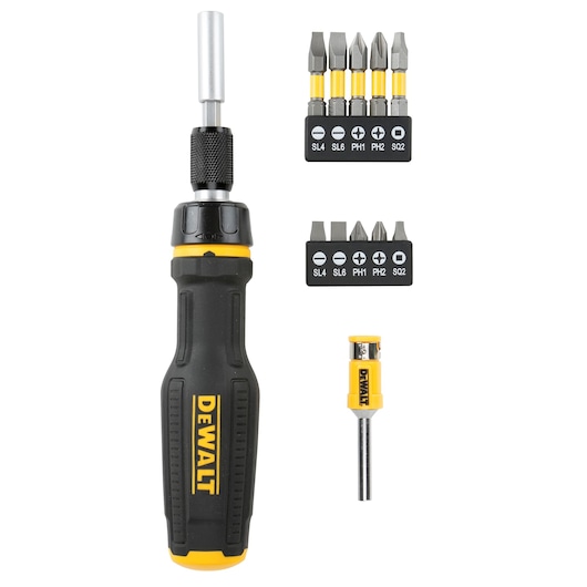 DEWALT screwdriver with two bit sets and a socket, black and yellow handle, bits for different screw types.
