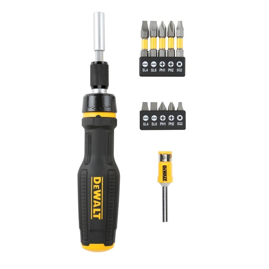 DEWALT screwdriver set with interchangeable bits and handle, shown with accessories neatly organized.