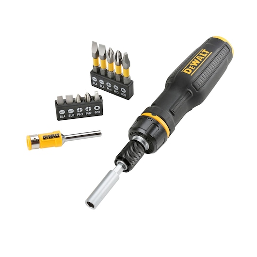 DEWALT screwdriver set with handle, interchangeable bits, and extension piece on a white background.