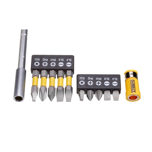 DEWALT screwdriver bit set with holder, multiple bits, and nut driver, arranged on a white background.