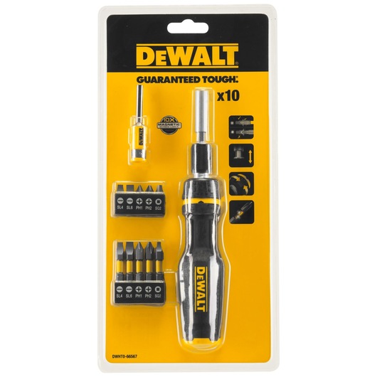DEWALT screwdriver set DWHT0-66567 with handle, bits, and holder in yellow packaging.