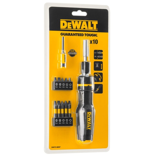 DEWALT screwdriver set DWHT0-66567 in blister pack, includes handle, bits, and accessories.