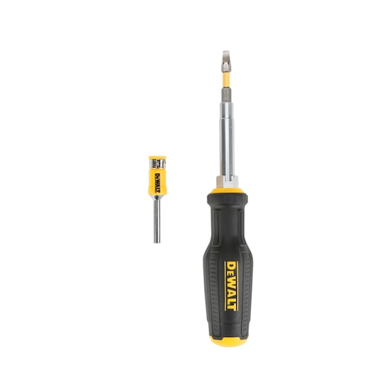 DEWALT screwdriver with interchangeable tip and a spare bit, shown on a white background.