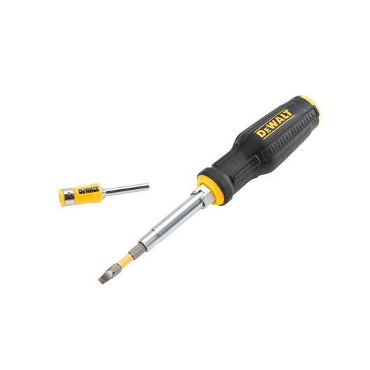 DEWALT screwdriver with interchangeable bit and accessory, black and yellow handle, isolated on white background.