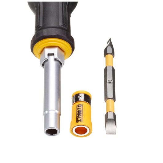 DEWALT screwdriver handle with interchangeable bit and yellow bit holder shown on white background.