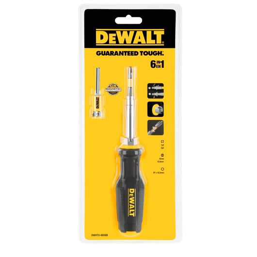 DEWALT 6-in-1 screwdriver DWHT0-66569 in packaging, black and yellow handle, interchangeable bits visible.