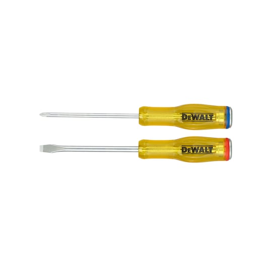 Two DEWALT screwdrivers with yellow handles, one flat head and one Phillips head, displayed side by side.