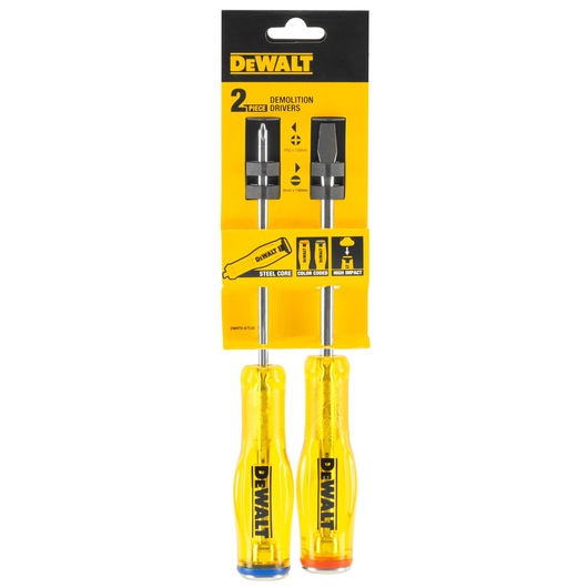 Two DEWALT demolition screwdrivers in yellow packaging, color-coded handles, steel core, high impact design.