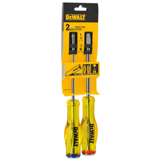 DEWALT DWHT0-67530 set with two demolition screwdrivers, yellow handles, steel core, color-coded ends.