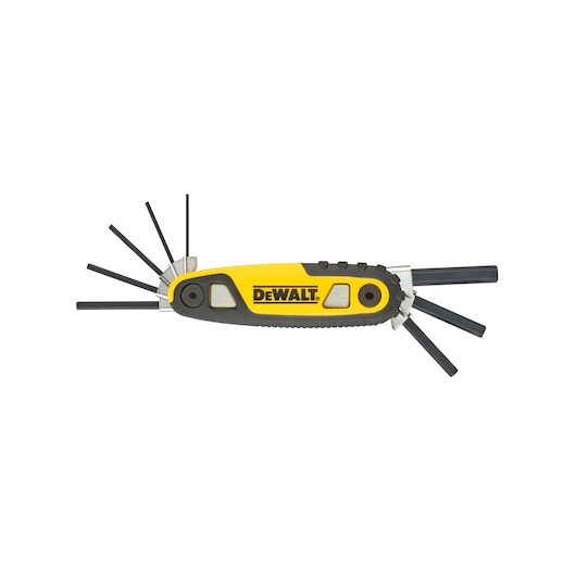 DEWALT folding hex key set with multiple hex keys extended, black and yellow handle.