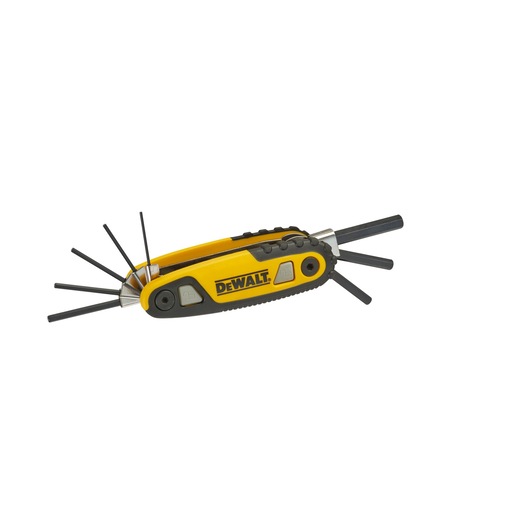 DEWALT folding hex key set with multiple black hex keys extended from a yellow and black handle.