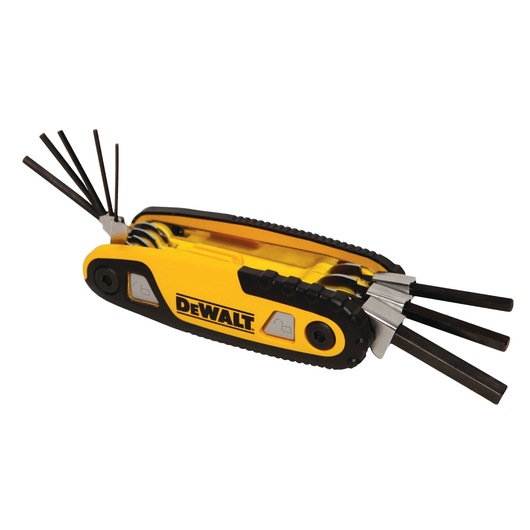 DEWALT foldable hex key set with multiple keys extended, black and yellow casing, isolated on white.