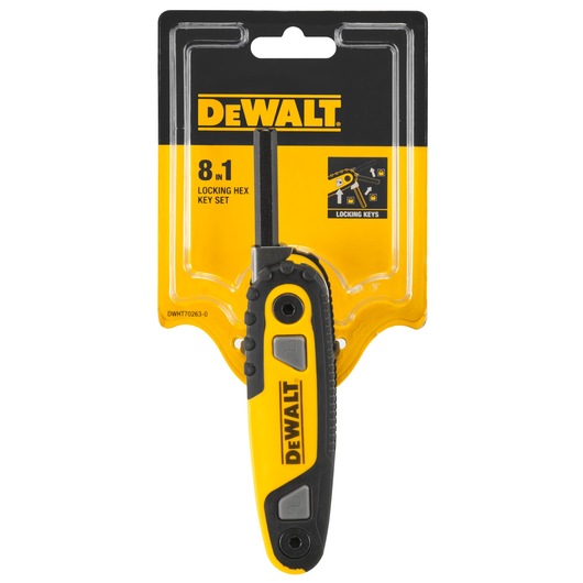 DEWALT 8-in-1 locking hex key set in yellow and black packaging, tool visible with branding.