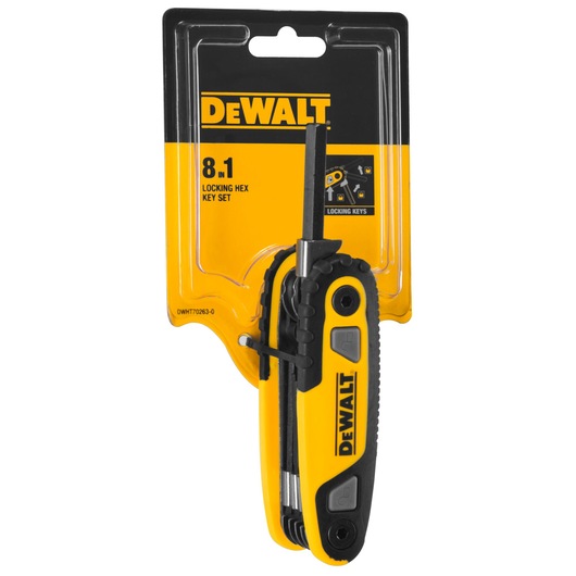 DEWALT 8.1 locking hex key set in yellow and black packaging, visible keys and locking feature.