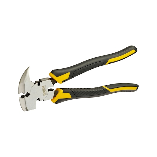 DEWALT pliers with yellow and black handles, designed for gripping and cutting tasks, isolated on white background.