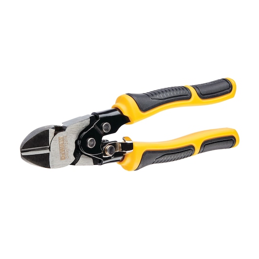 DEWALT wire cutter tool with yellow and black handles, angled cutting blades, isolated on white background.