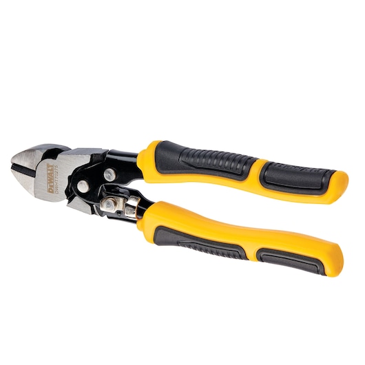 DEWALT wire cutter with yellow and black ergonomic handles on a white background.
