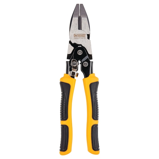 DEWALT metal cutting snips with black and yellow handles, shown upright on a white background.