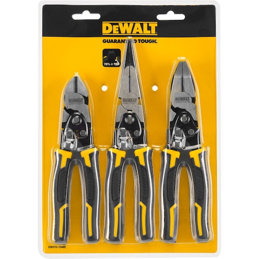 DEWALT set of three aviation snips in black and yellow packaging, suitable for cutting metal sheets.