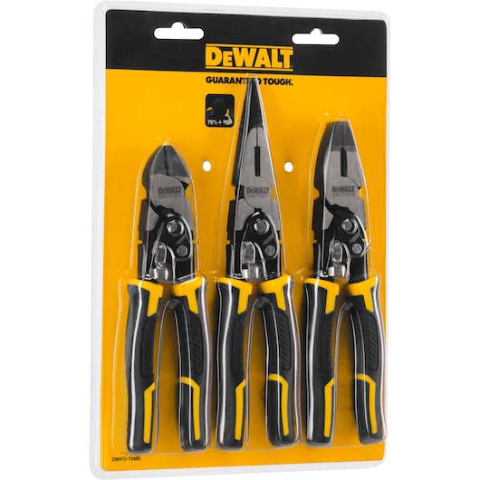 DEWALT set of three pliers in yellow and black packaging, model DWHT0-70485, suitable for various tasks.