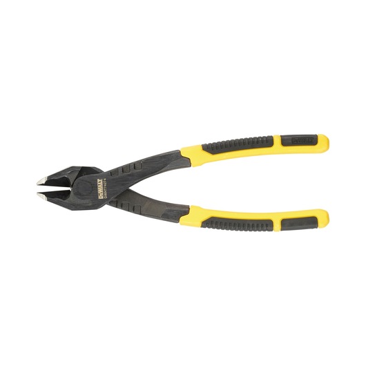 DEWALT diagonal cutting pliers with yellow and black grips, tool for cutting wires shown on white background.