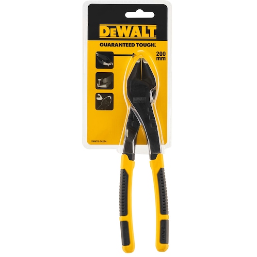 DEWALT 200mm cutting pliers in yellow-black packaging, shown upright with features highlighted on the card.