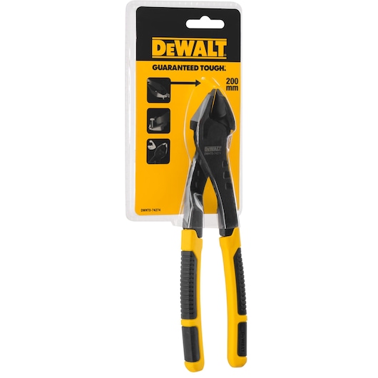 DEWALT 200mm cutting pliers with yellow and black handle in retail packaging, model DWHT0-74274.