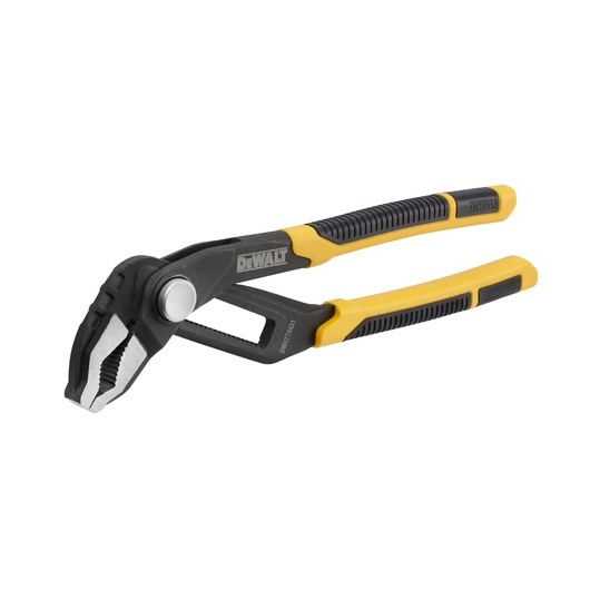 DEWALT adjustable groove joint pliers with black and yellow handle, angled jaws for gripping objects.