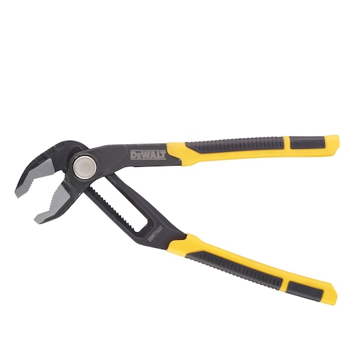 DEWALT adjustable groove joint pliers with yellow and black handles on a white background.