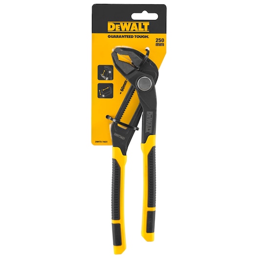 DEWALT 250mm water pump pliers in black and yellow packaging, model DWHT0-74431.