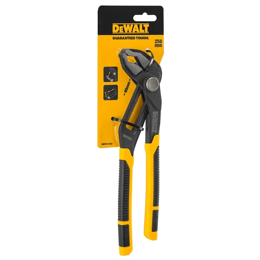DEWALT 250mm adjustable pliers in black and yellow packaging, tool SKU DWHT0-74431.