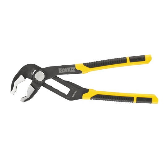DEWALT adjustable water pump pliers with black and yellow grip handles, shown isolated on a white background.