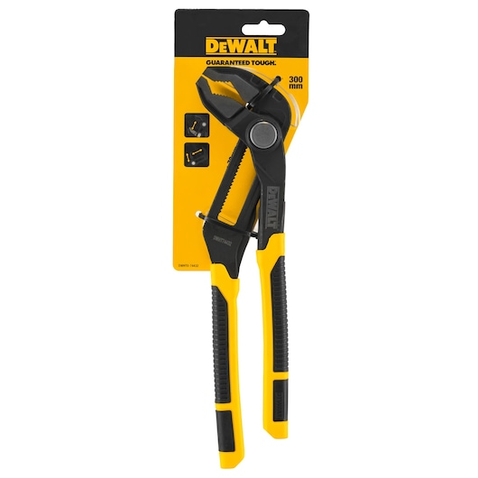 DEWALT 300mm adjustable pliers in black and yellow packaging, tool with slip joint for gripping objects.
