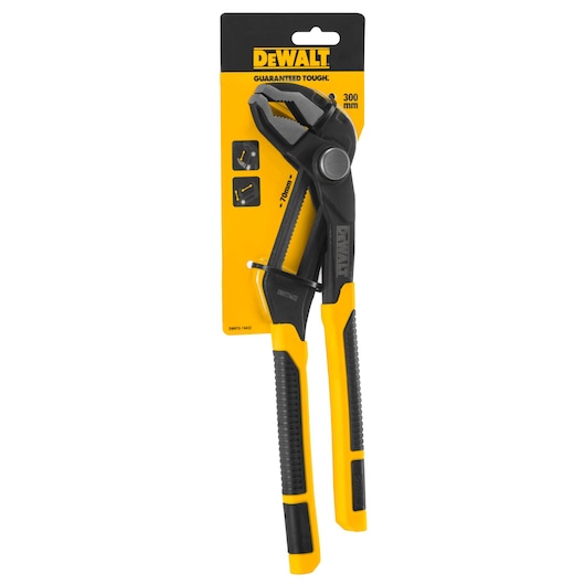 DEWALT 300mm adjustable water pump pliers in yellow and black packaging.