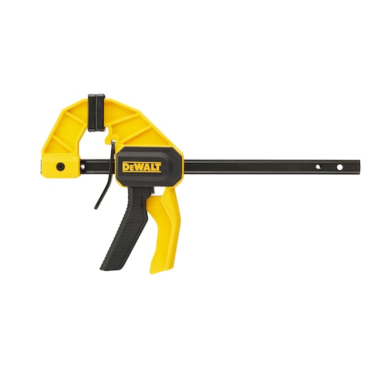 DEWALT yellow and black trigger clamp with adjustable jaw for woodworking and construction.