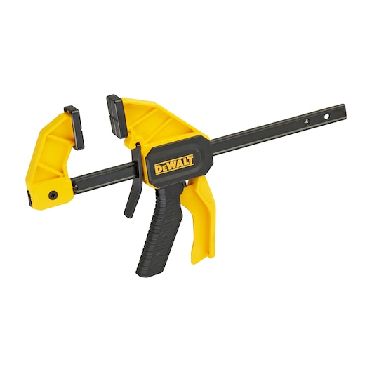 DEWALT yellow and black trigger clamp tool with adjustable jaws for holding materials.